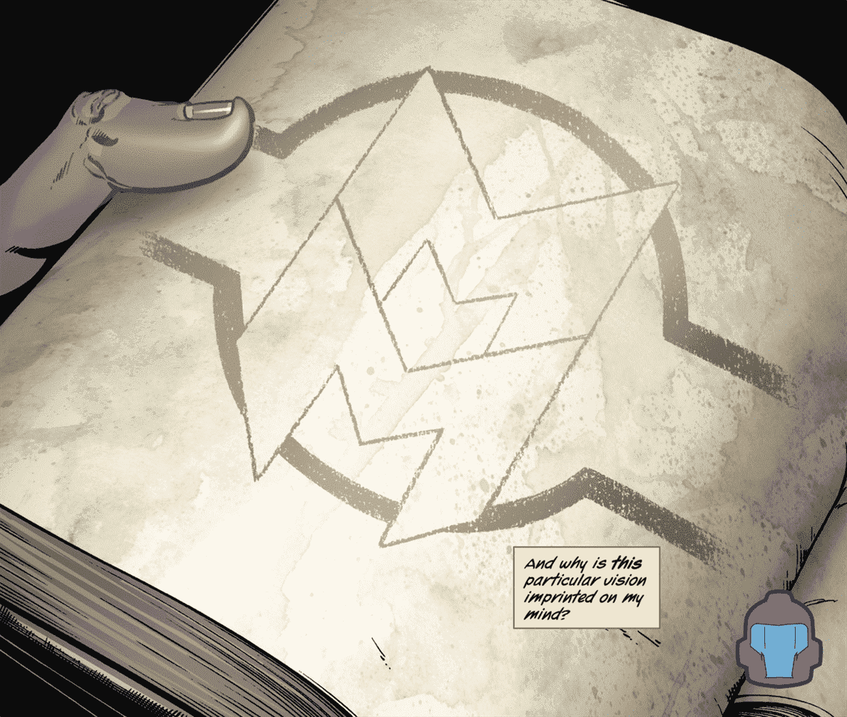 Un homme tient un livre ouvert sur une page avec le logo Miracleman.  « Pourquoi cette vision particulière est-elle imprimée dans mon esprit ? »  muse une boîte de narration, dans Timeless #1 (2021).