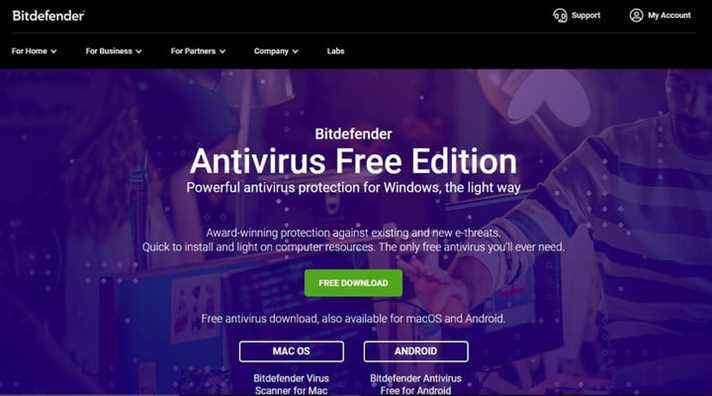 Capture d'écran du site Web Bitdefender Antivirus Free montrant où télécharger la version gratuite de l'application.