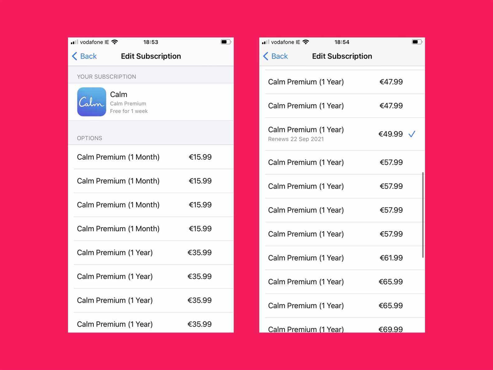 Capture d'écran de l'application Calm montrant les prix des abonnements