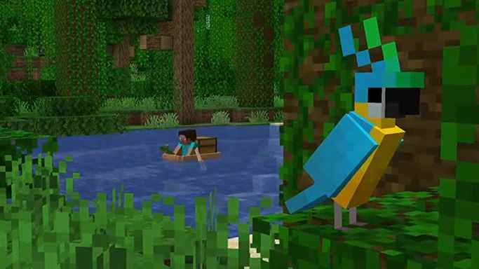 Steve descend la rivière dans un bateau avec une poitrine tandis qu'un perroquet est assis sur les feuilles d'un arbre de la jungle