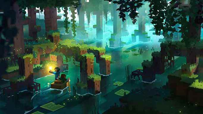 Art conceptuel de personnages ramant un bateau sous les racines d'un mangrove dans la mise à jour Minecraft The Wild