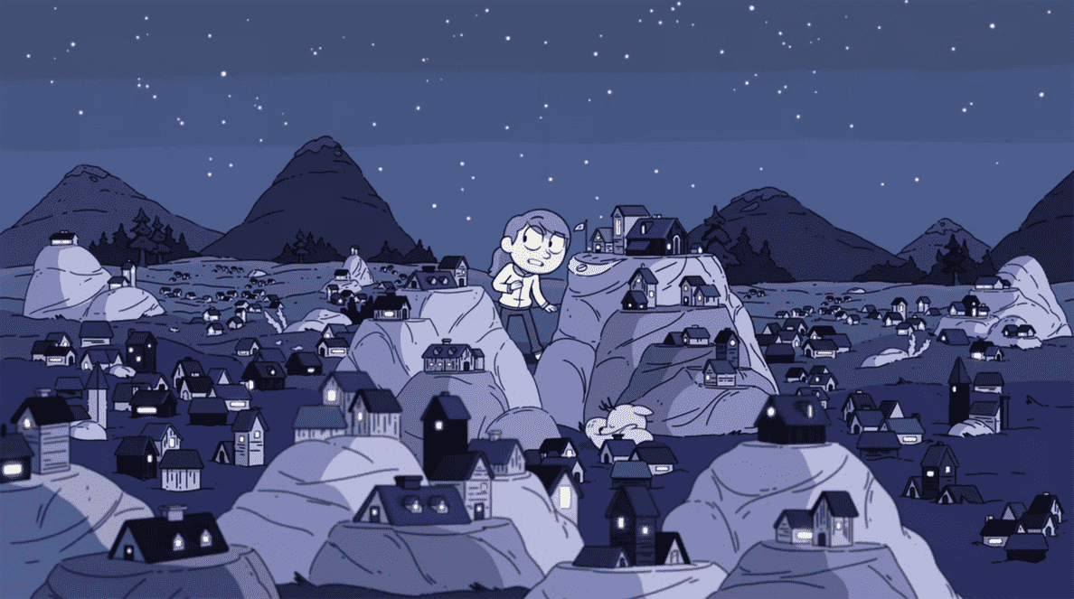 Hilda debout dans une grande zone parsemée de maisons elfes