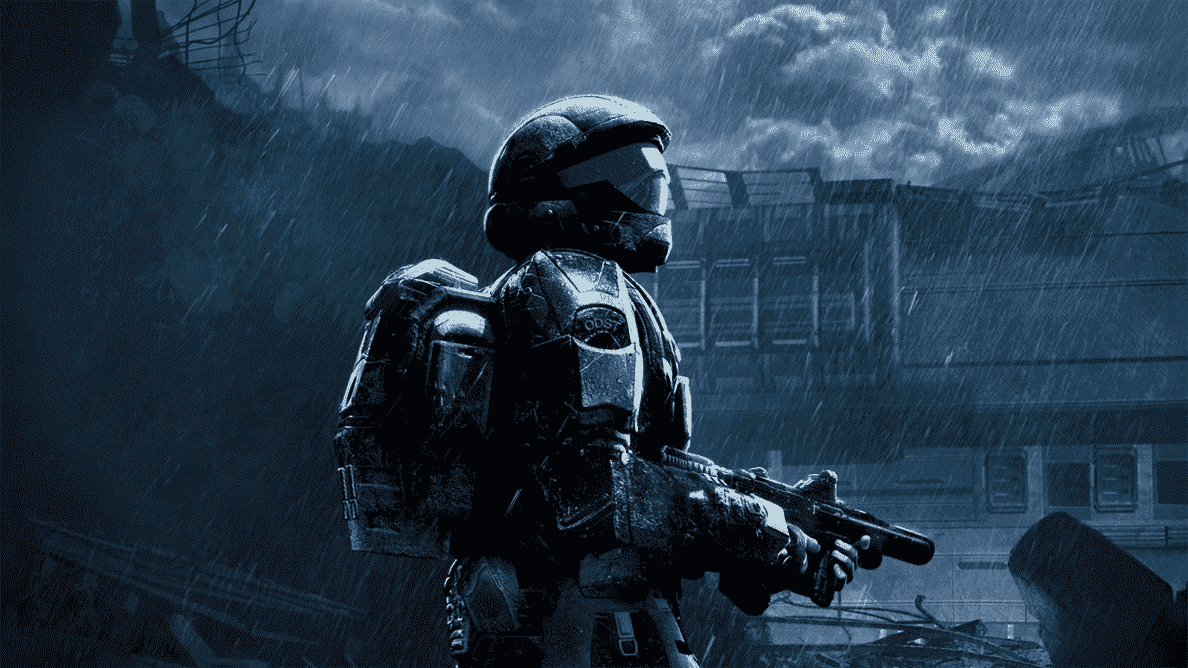 La recrue, protagoniste de Halo 3: ODST, explore les ruines de New Mombasa dans une tempête de pluie