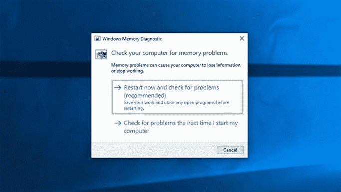 Une boîte de dialogue pour Windows Memory Diagnostic, demandant si l'utilisateur souhaite l'exécuter.