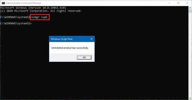 Commande de suppression de licence de Windows 10