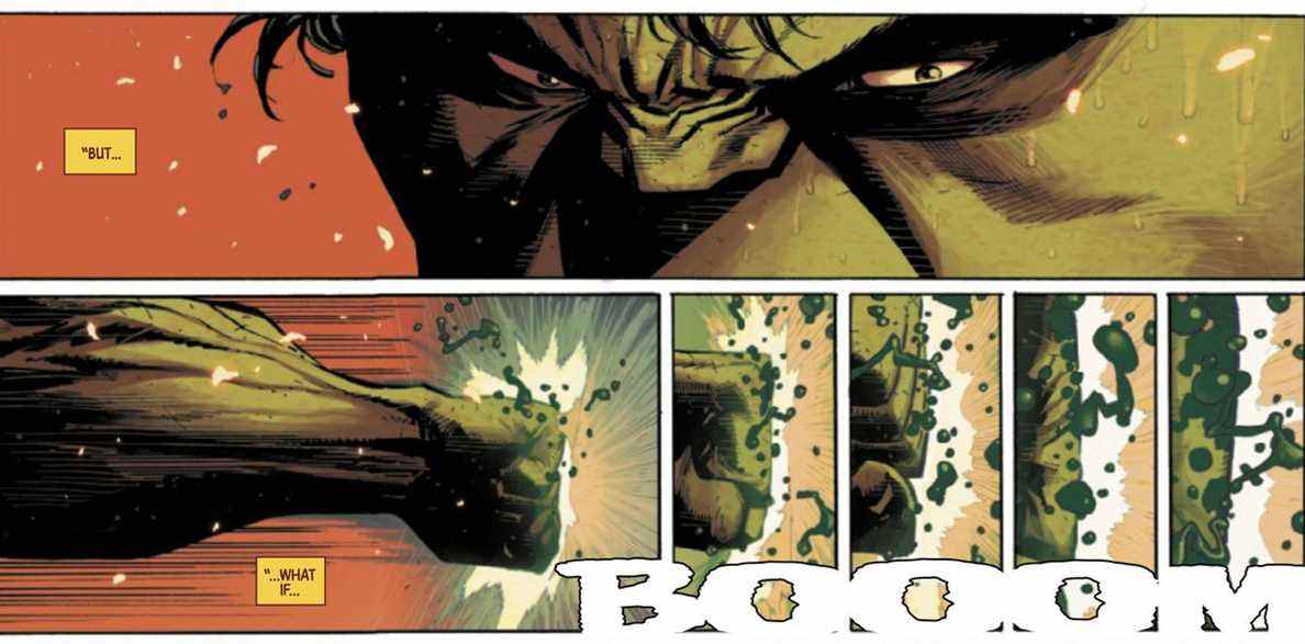 Hulk plisse les yeux avec colère, puis frappe une barrière encore et encore, des éclaboussures de sang vert, avec un BOOOM retentissant dans Hulk # 1 (2021).
