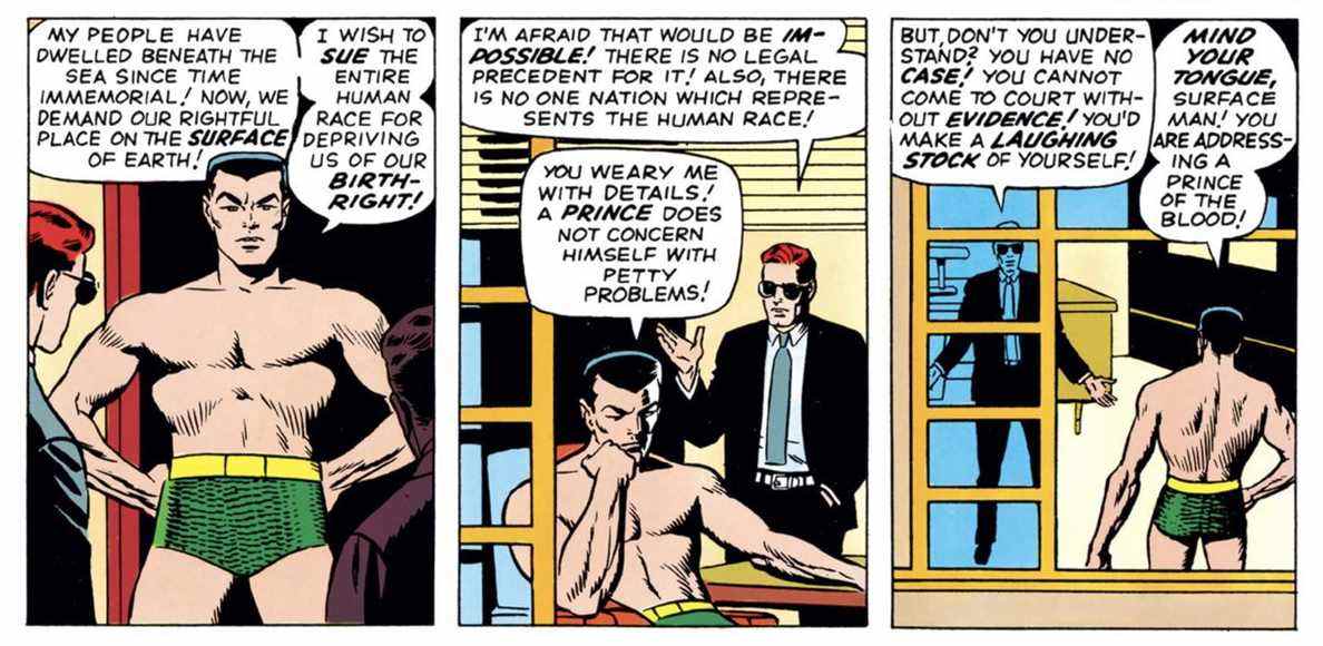 Matt Murdock essaie d'expliquer à un Namor frustré qu'il est impossible de poursuivre toute la race humaine en justice dans Daredevil #7 (1965). 