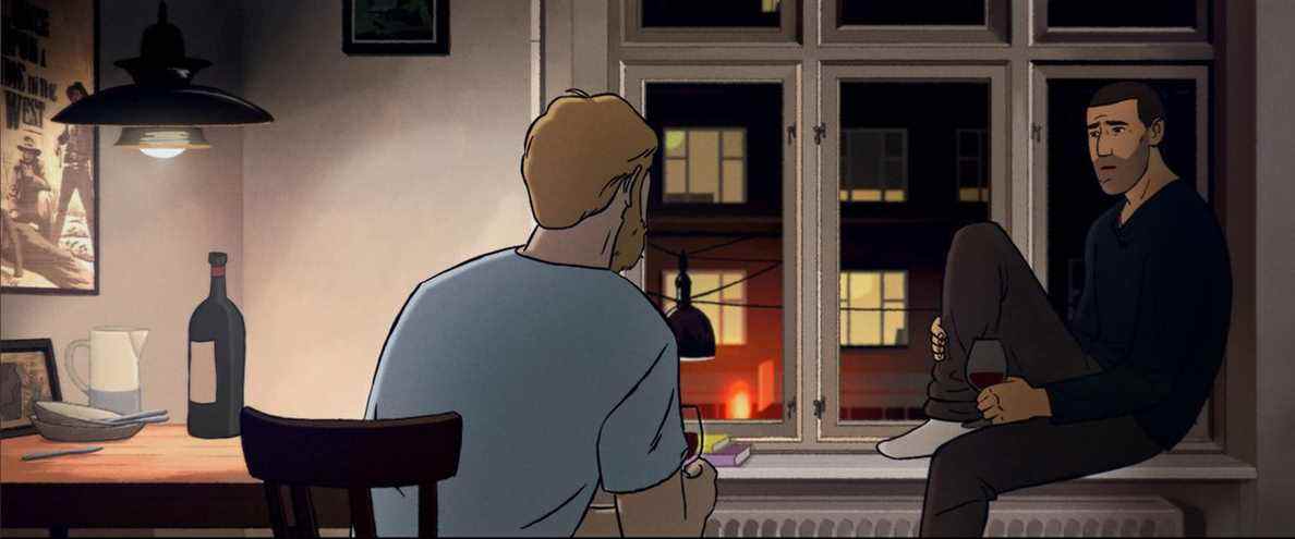 Une image animée d'un homme perché sur un rebord de fenêtre, parlant à un ami dans le documentaire Fuir
