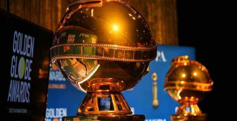 A view of the Golden Globe statue on stage before HFPA President Helen Hoehne announces the nominations for the 79th Annual Golden Globes at the Beverly Hilton Hotel on December 13, 2021 in Beverly Hills, California.