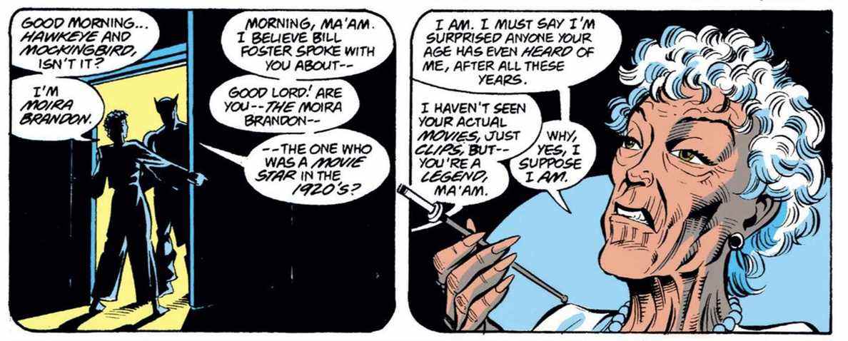 Moira fume une cigarette et parle aux West Coast Avengers dans West Coast Avengers # 100 (1993).