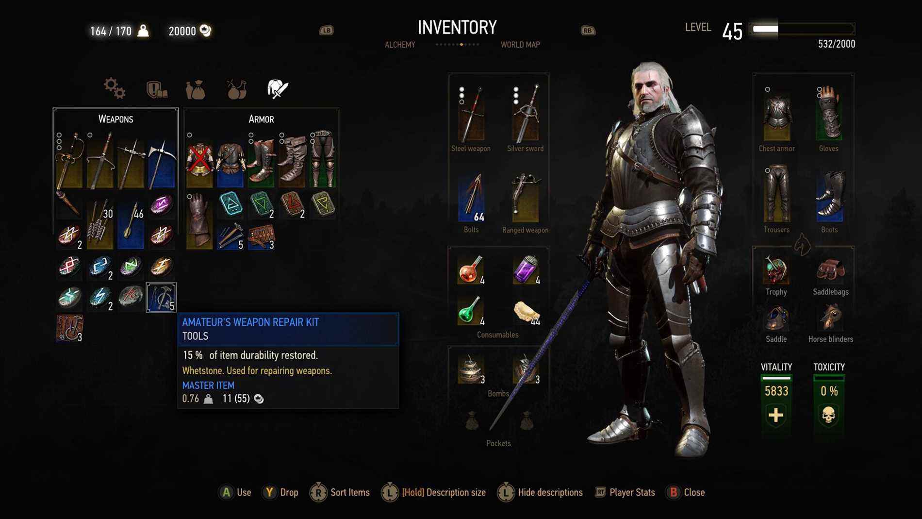 Capture d'écran de l'inventaire de The Witcher 3