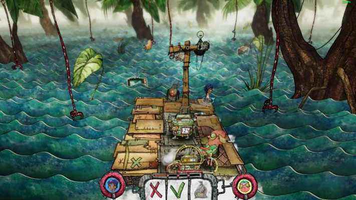Les joueurs utilisent le radeau pour naviguer à travers les arbres marécageux et les vignes dangereuses qui s'élancent pour les attraper.