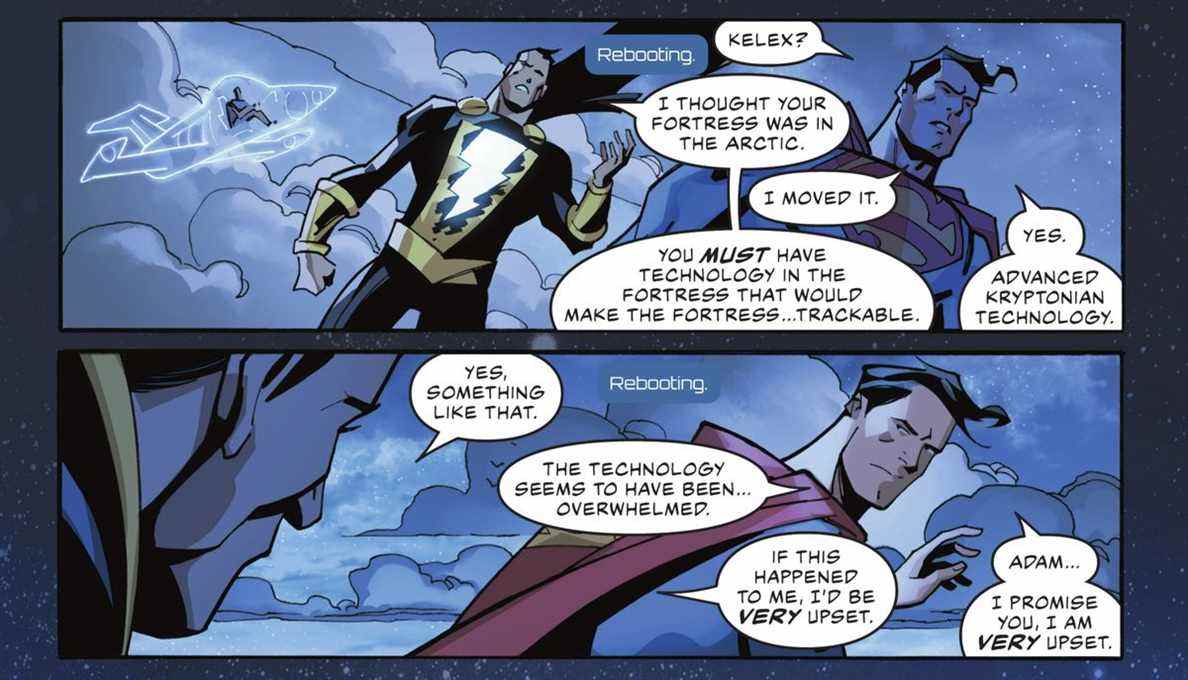 Black Adam et Superman plaisantent à propos de la forteresse volée de la solitude dans Justice League # 70 (2021).  