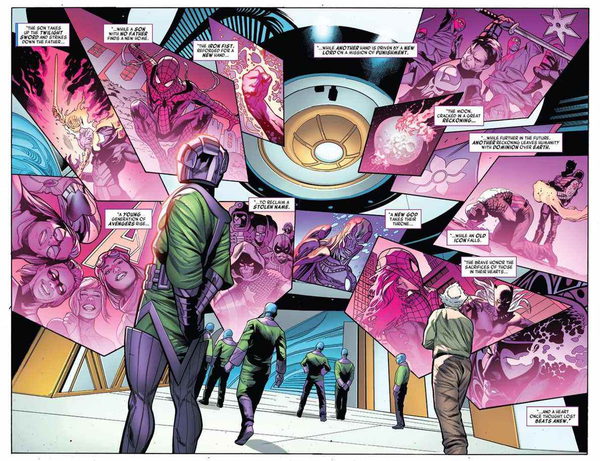 Kang le Conquérant visualise un kaléidoscope d'images faisant allusion aux événements à venir dans Marvel Comics dans Timeless #1 (2021). 