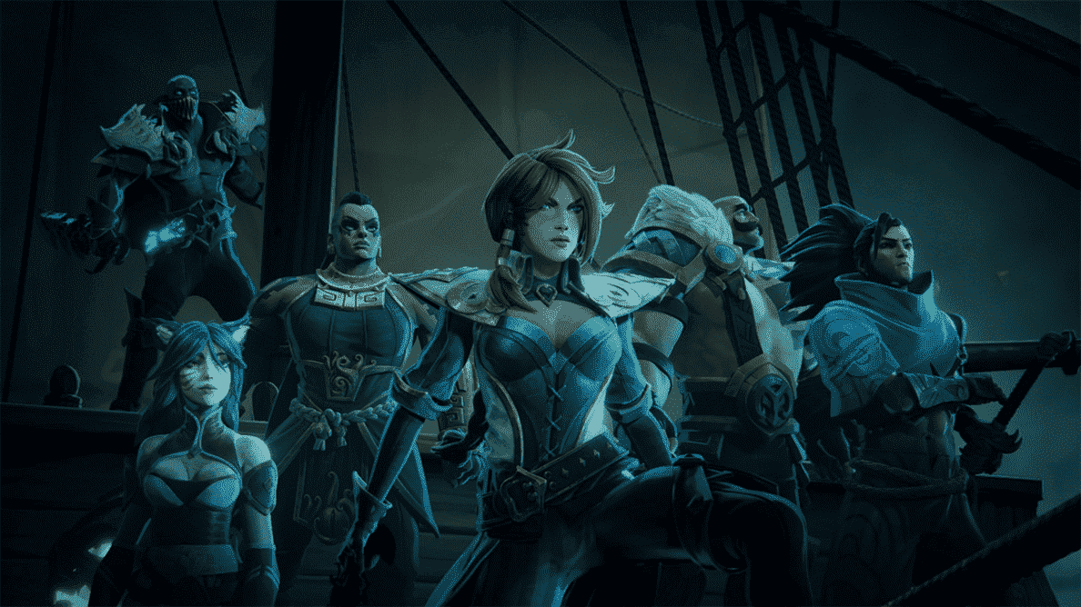 Plusieurs champions de League of Legends se tiennent sur un bateau dans une zone étrange