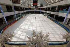 Un patineur frappe la patinoire du Palais de glace du centre commercial West Edmonton à Edmonton, le mercredi 1er mai 2019.