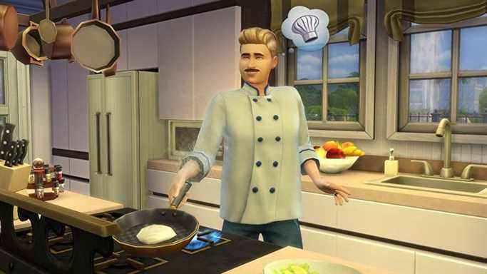 Un Sim masculin en uniforme de chef cuisinant quelque chose dans une poêle à frire.