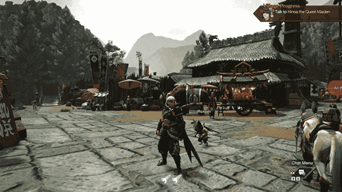 Une scène de village dans Monster Hunter Rise avec le filtre Warring States activé.