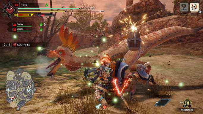 Un guerrier combat un lézard ressemblant à un oiseau dans Monster Hunter Rise
