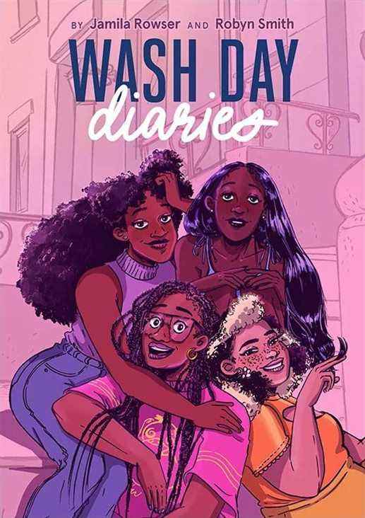 Quatre femmes noires aux coiffures différentes se prélassent en amies sur la couverture de Wash Day Diaries (2022).