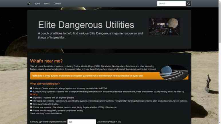 Le site Elite Dangerous Utilities