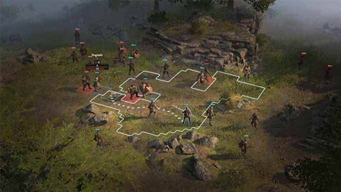 Un champ de bataille basé sur une grille dans une capture d'écran de Wartales.