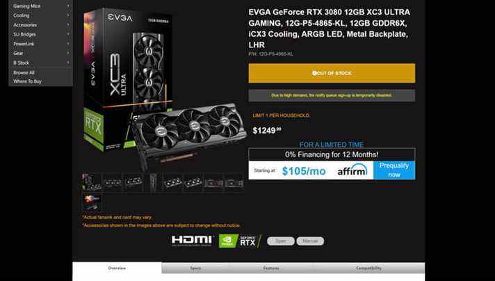 Annonce RTX 3080 Ti sur le site Web d'EVGA.
