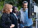 Jessica Chastain avec Lupita Nyong'o et le réalisateur Simon Kinberg sur le tournage de The 355.