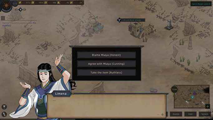 Un écran où le joueur doit choisir parmi trois options de dialogue dans Sands Of Salazaar