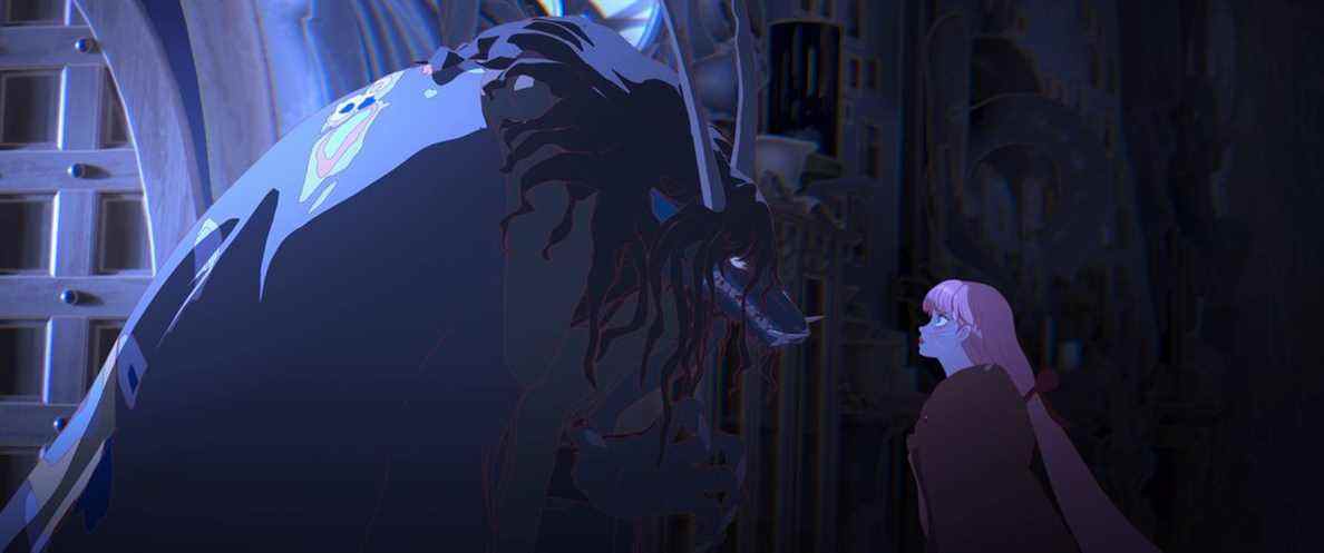 La bête monstrueuse affronte Belle dans le film d'animation Belle