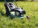 Tondre ou couper l'herbe très longue avec une tondeuse à gazon verte au soleil d'été