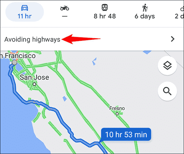 Itinéraires sans autoroute dans Google Maps.