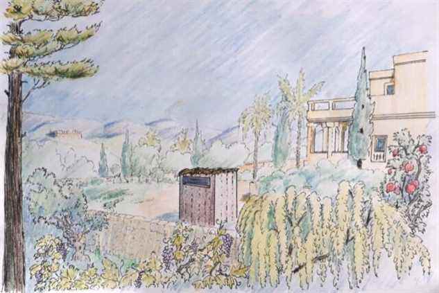 Représentation d'artiste de la salle de toilette qui se trouvait autrefois dans le jardin du domaine royal d'Armon Hanatziv.