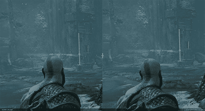 Une image de comparaison graphique God of War montrant DLDSR à gauche par rapport à une combinaison de DLDSR et DLSS à droite.