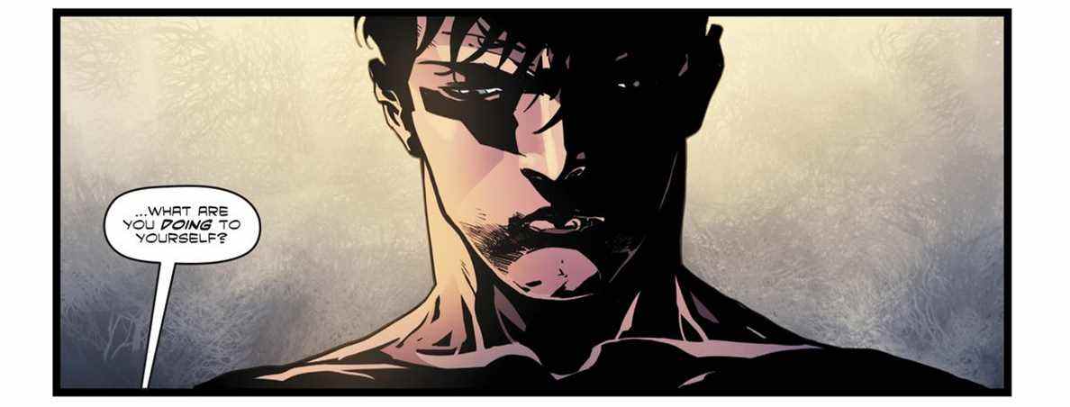 Le visage d'un jeune Bruce Wayne torse nu est enveloppé d'ombres sombres alors que quelqu'un hors panneau demande 