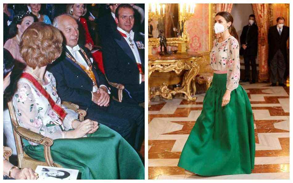 La reine Letizia d'Espagne portant une robe Valentino portée pour la première fois par sa belle-mère en 1977 - Getty Images