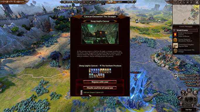 Le joueur rencontre un étranger dans une caravane dans Total War: Warhammer 3