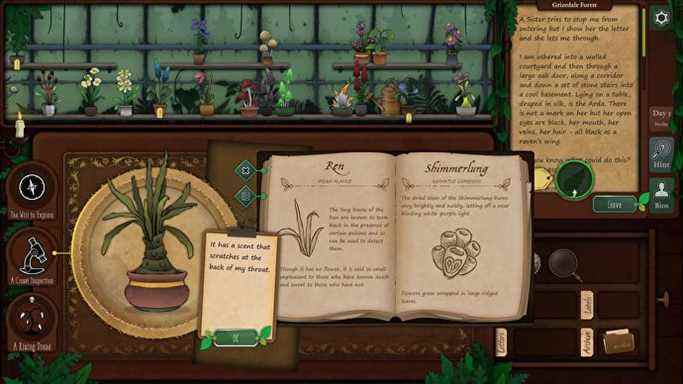 Une capture d'écran de Strange Horticulture montrant la réception en bois de la boutique.  Le joueur essaie d'identifier une plante et a ouvert une encyclopédie des plantes.  Ils examinent de plus près une plante probable