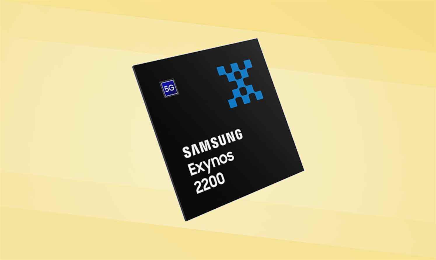 Un rendu du chipset mobile Samsung Exynos 2200, sur fond doré