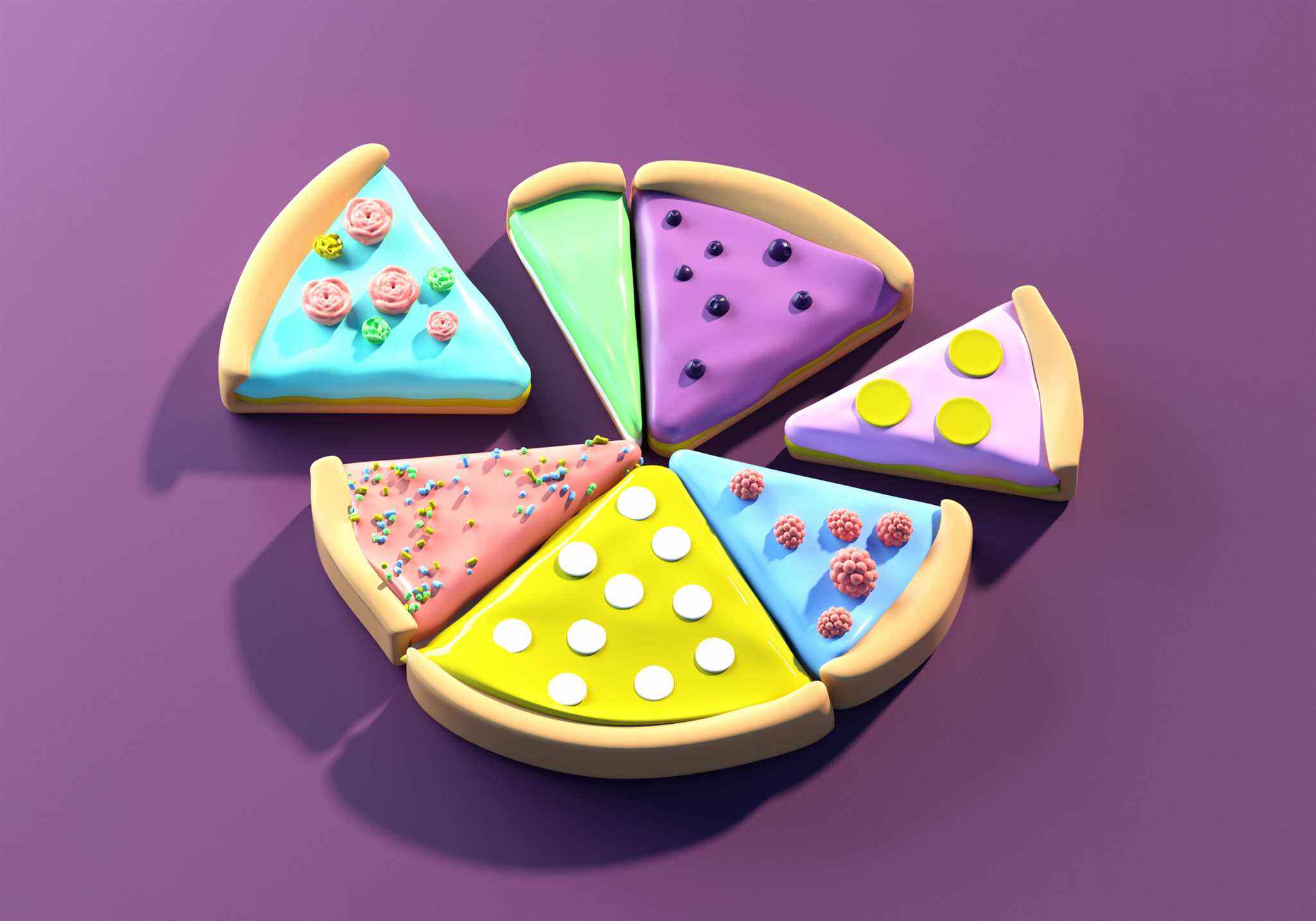 Image d'un graphique circulaire multicolore abstrait composé de différents morceaux de tarte sur fond violet.