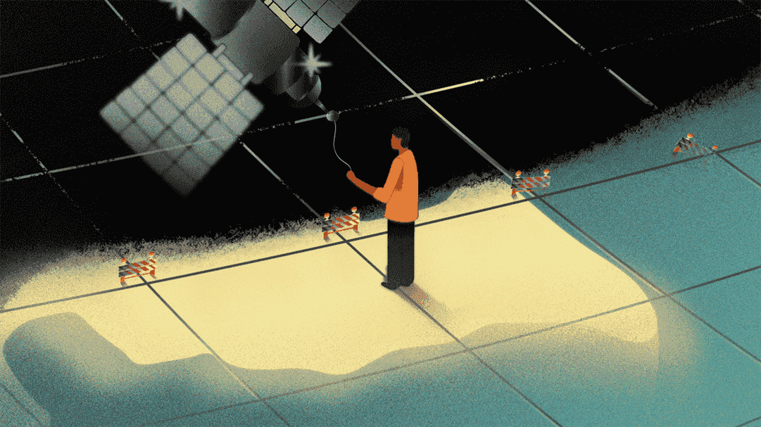 Illustration montrant un satellite et une personne debout sur une carte