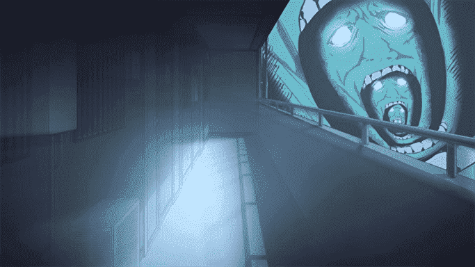 L'extérieur de l'appartement du protagoniste dans Sucker For Love, avec des visages de cauchemar hurlant dans le ciel nocturne au-dessus.