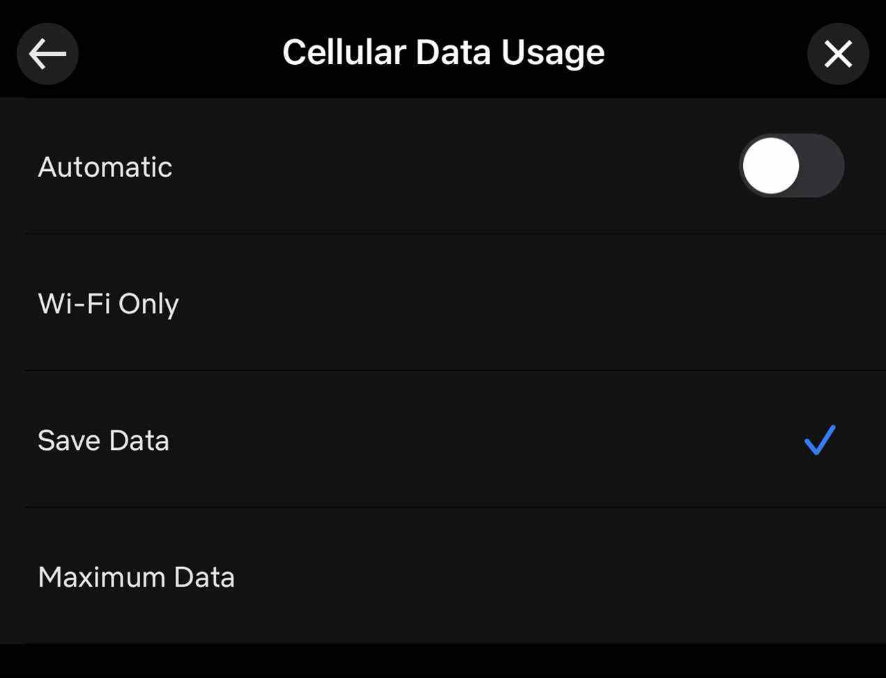 L'écran d'utilisation des données cellulaires de l'application Netflix, avec l'option Enregistrer les données activée.