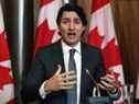 Le premier ministre Justin Trudeau prend la parole lors d'une conférence de presse sur la situation de la COVID-19, le 12 janvier 2022, à Ottawa.  