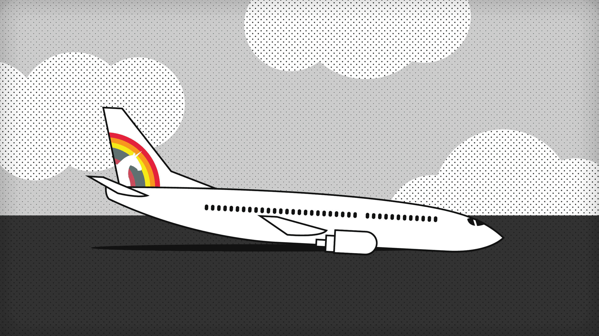 Une illustration d'un avion à réaction descendant avec un logo de licorne sur sa queue