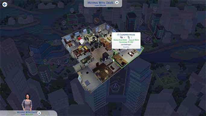Emménager dans un appartement dans Les Sims 4, avec les coûts de lot et les charges pour un petit appartement de départ affichés.