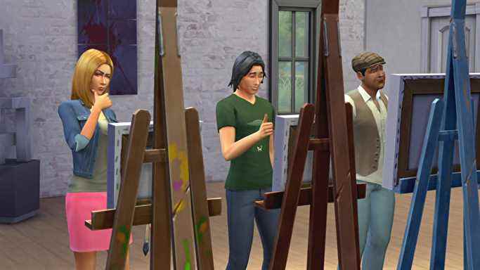 Trois Sims peignant sur des chevalets dans Les Sims 4.