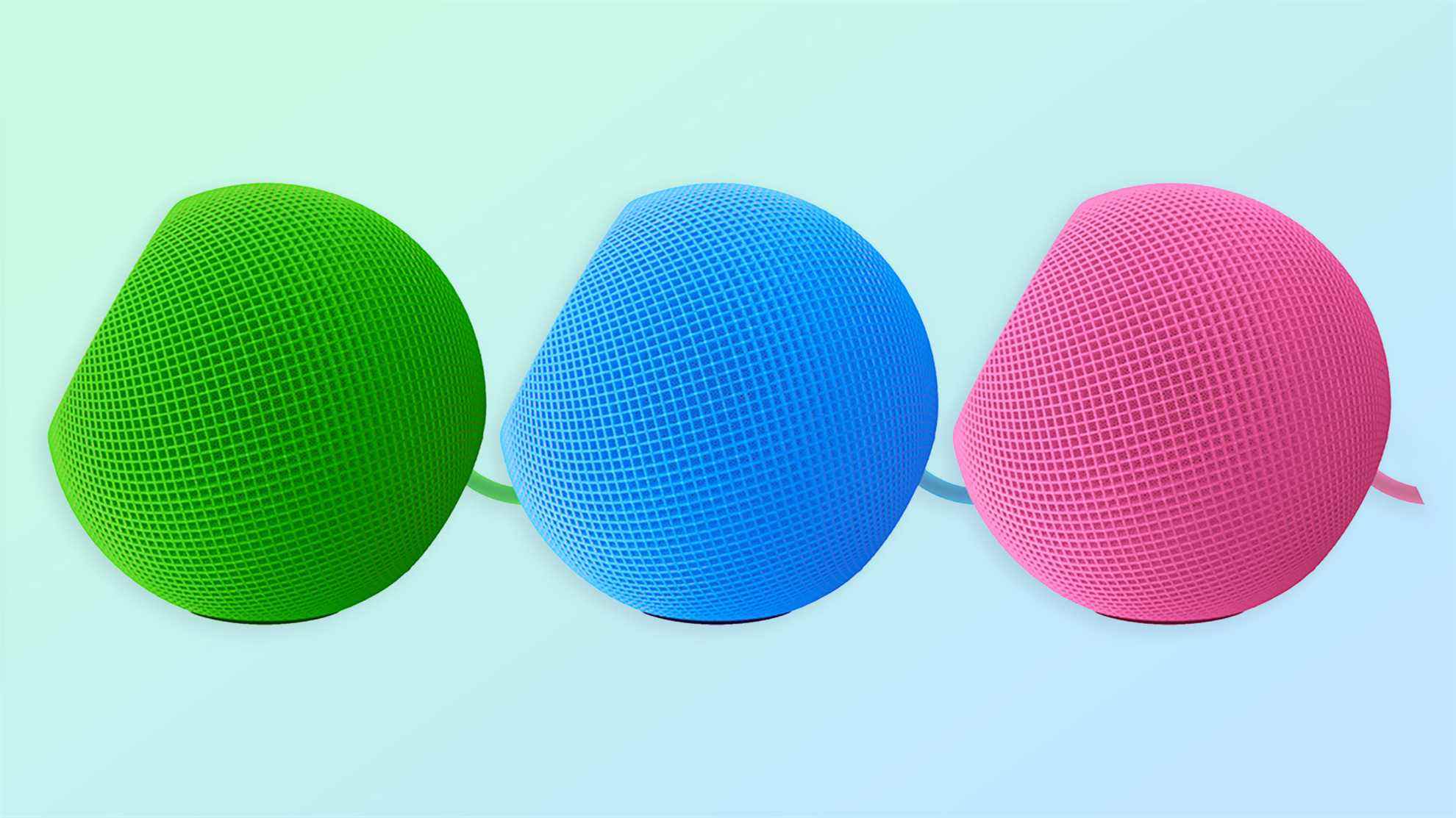 Concept HomePod Mini en vert citron, bleu clair et rose vif