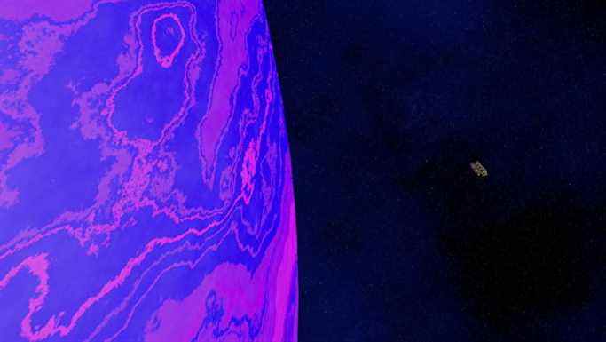 Un gros plan d'une planète très violette et d'un minuscule vaisseau spatial dans Distant Worlds 2