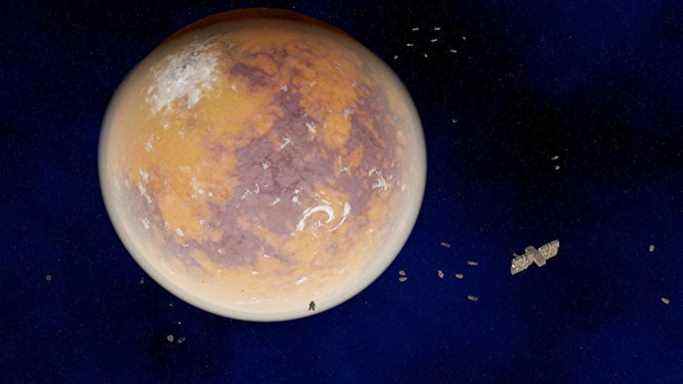 Une grande planète marron et orange entourée de vaisseaux dans Distant Worlds 2